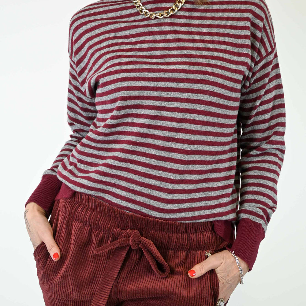 MAGLIA MISTO CACHEMIRE A RIGHE GRIGIO/BORDEAUX