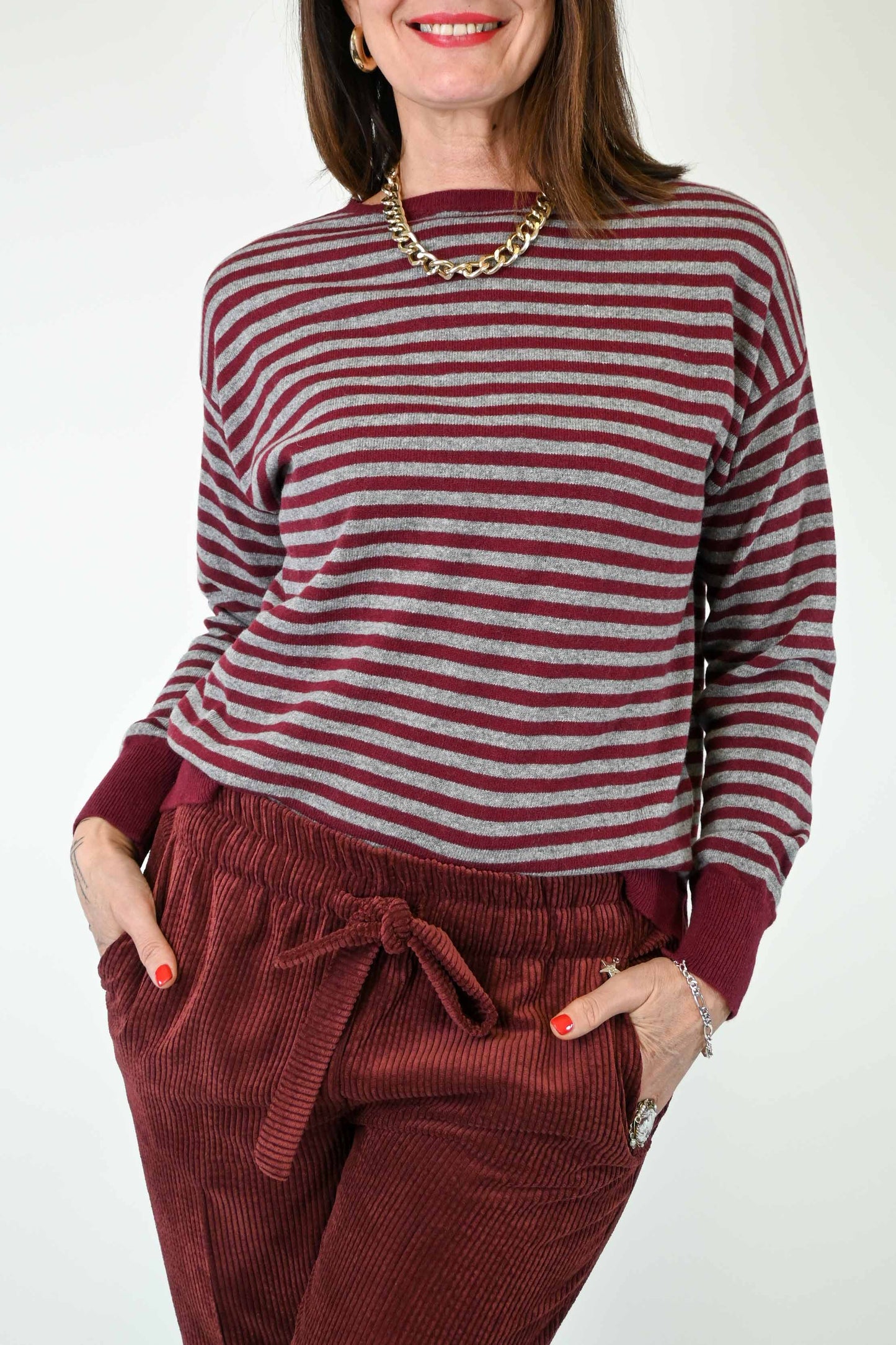 MAGLIA MISTO CACHEMIRE A RIGHE GRIGIO/BORDEAUX