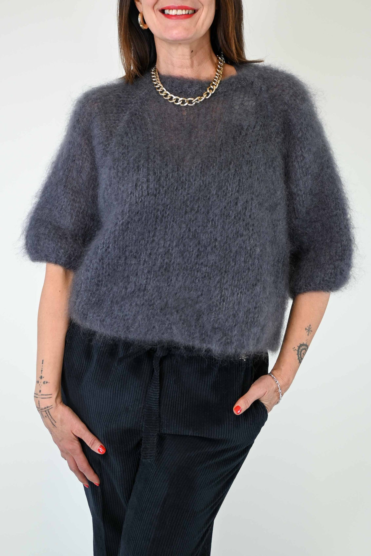 MAGLIA SCATOLA MANICA GOMITO IN KID MOHAIR PIOMBO