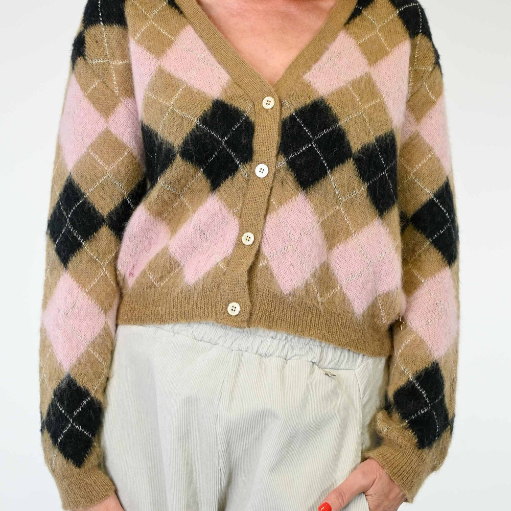 CARDIGAN A ROMBI CON FILO LUREX CAMMELLO