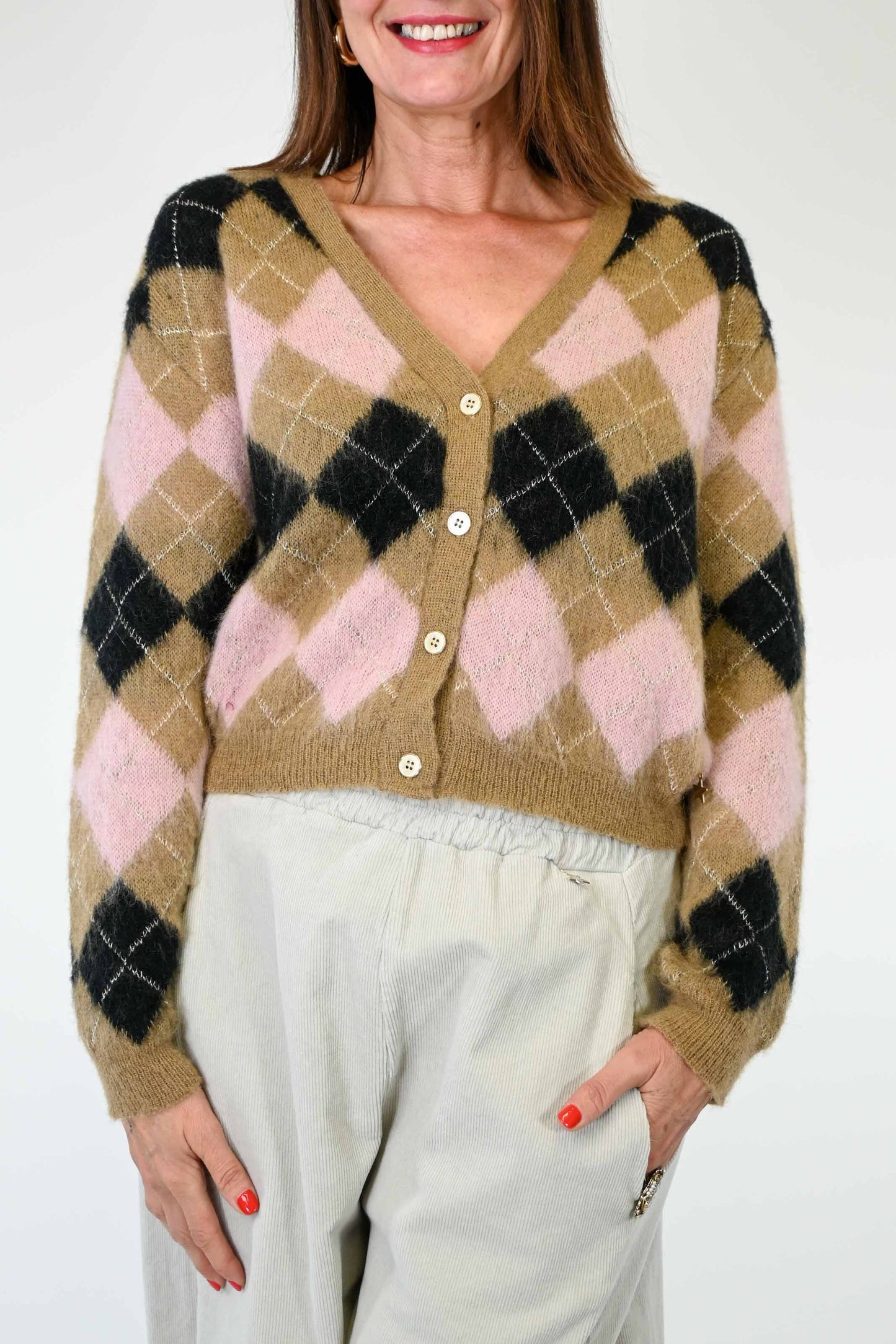 CARDIGAN A ROMBI CON FILO LUREX CAMMELLO