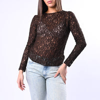 B LOVE - BLUSA SCOLLO BARCHETTA IN PIZZO ART.11817N - MORO