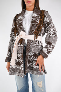 TENSIONE IN - CARDIGAN ETNICO CON FRANGE ART.25A815 - PANNA/MORO