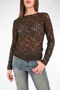 B LOVE - BLUSA SCOLLO BARCHETTA IN PIZZO ART.11817 - MORO