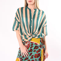 VICOLO - CAMICIA OVER A RIGHE COLLO COREANA MANICA CORTA ART. TAB3477/VB - VANIGLIA/BOTTIGLIA