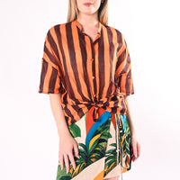 VICOLO - CAMICIA OVER A RIGHE COLLO COREANA MANICA CORTA ART. TAB3508/AR - ARANCIO/MORO