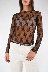 B LOVE - BLUSA SCOLLO BARCHETTA IN PIZZO ART.11645 - MORO