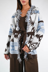 VICOLO - CARDIGAN ALANUI CON FRANGE ART.77190F - PANNA/MORO/TIFFANY