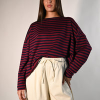 B - LOVE - FELPA OVER A RIGHE GARZATA ART.H1442/BB - BLU/BORDEAUX