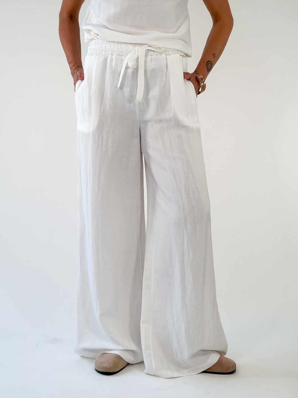 PANTALONE PALAZZO CON COULISSE VISCOSA/LINO BIANCO