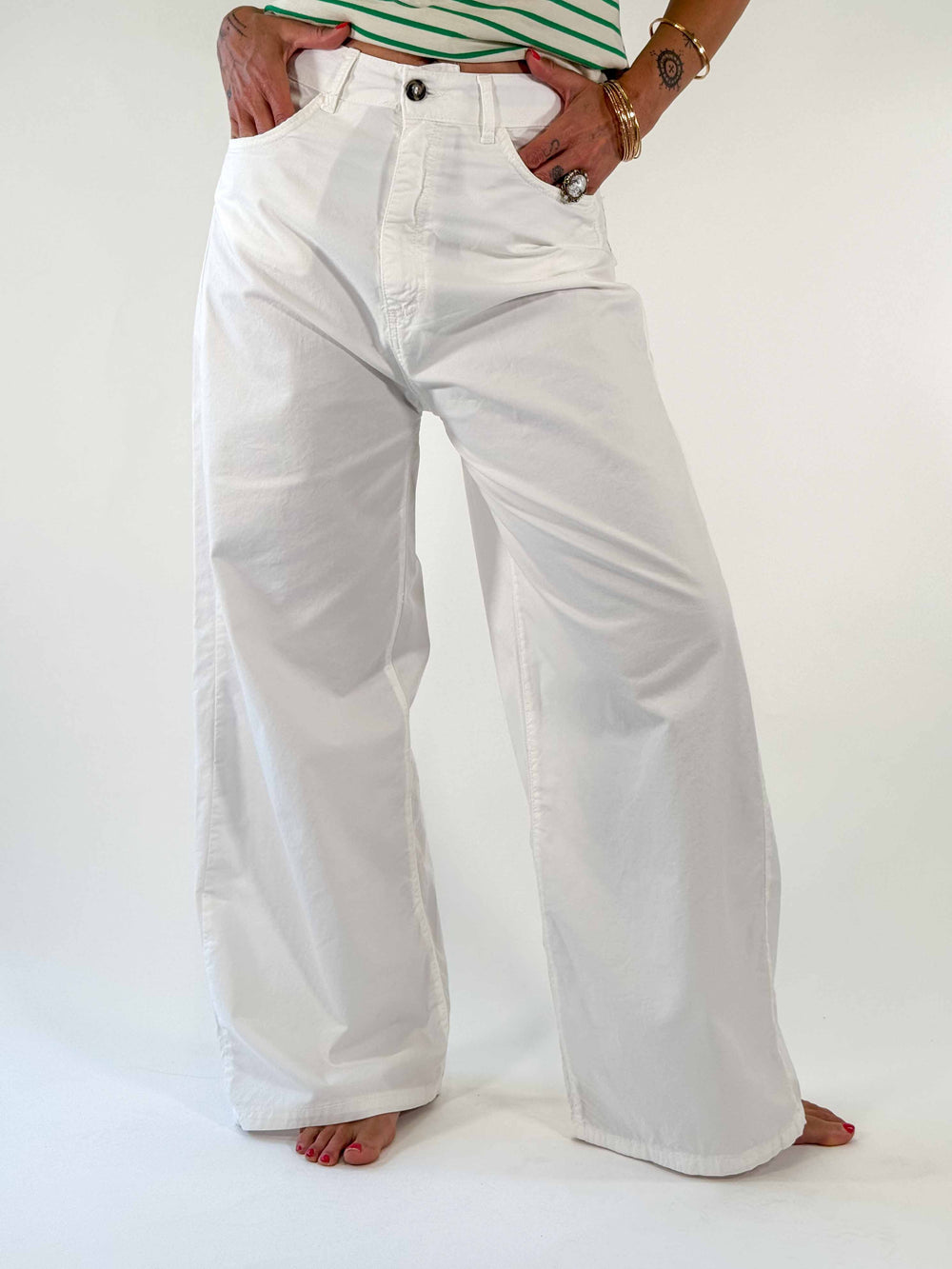 PANTALONE PALAZZO IN GABARDINA LEGGERA BIANCO