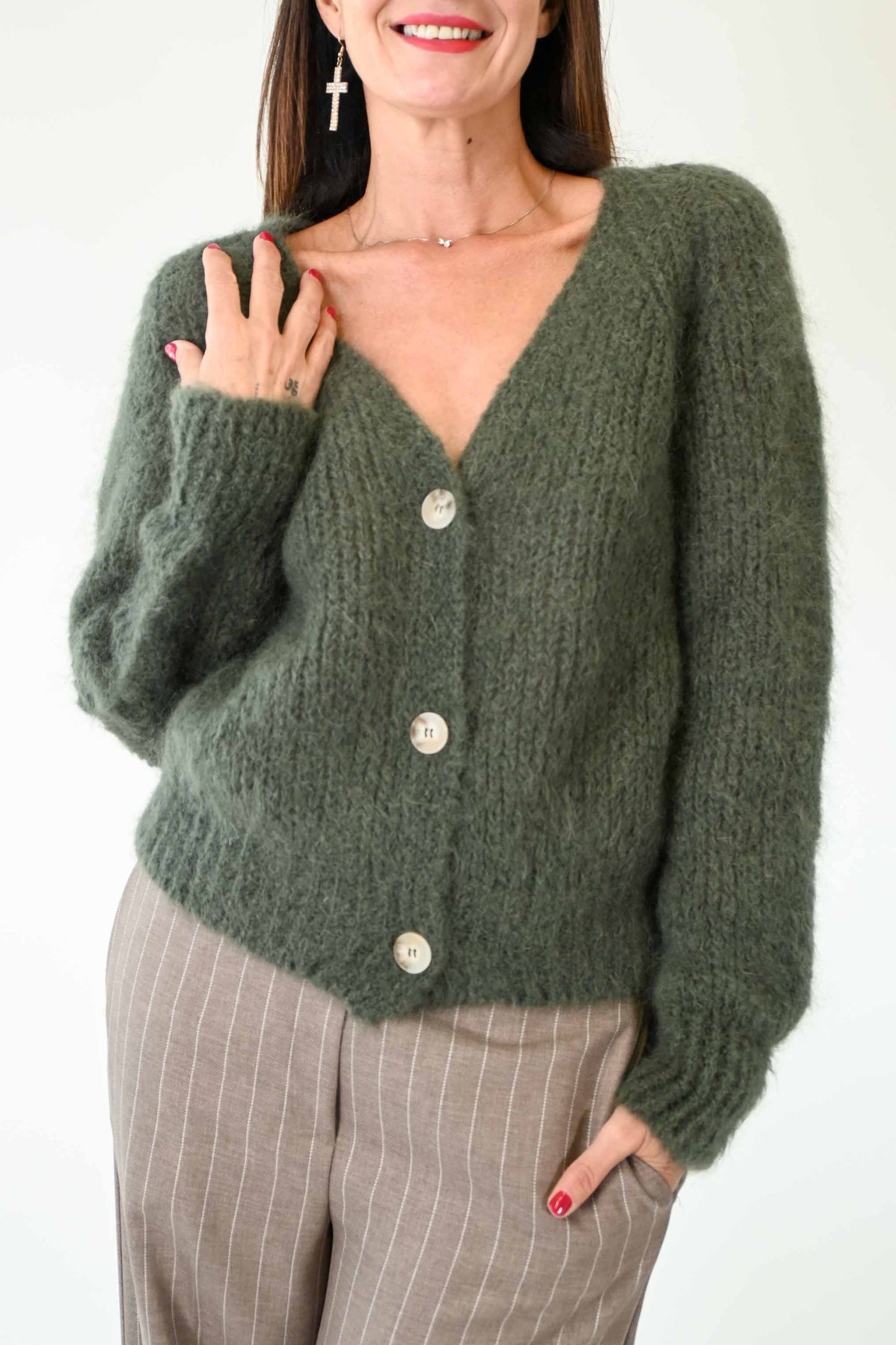 CARDIGAN 3 BOTTONI IN MOHAIR COLOR MILITARE