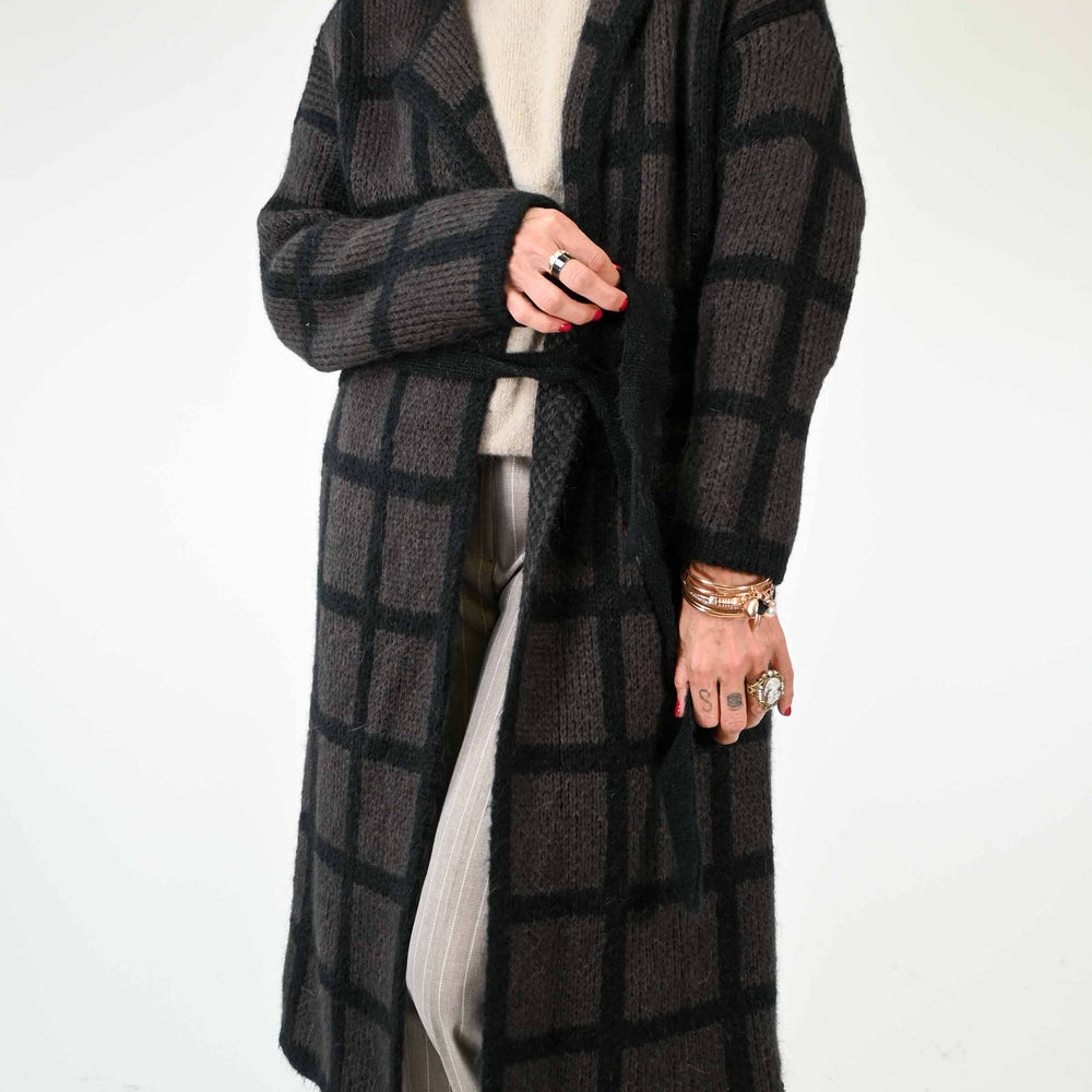 MAXI CARDIGAN CON CINTURA A QUADRI MORO/NERO