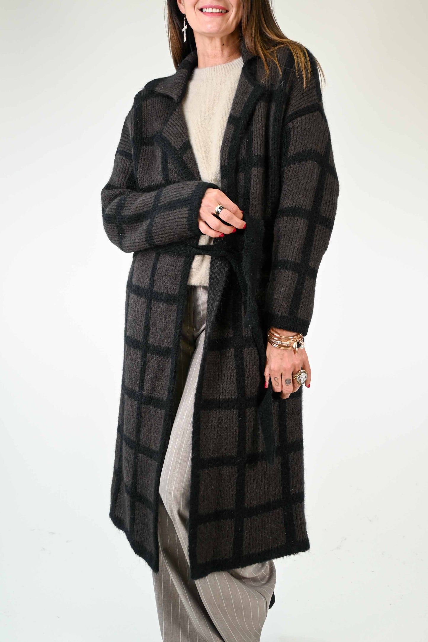 MAXI CARDIGAN CON CINTURA A QUADRI MORO/NERO