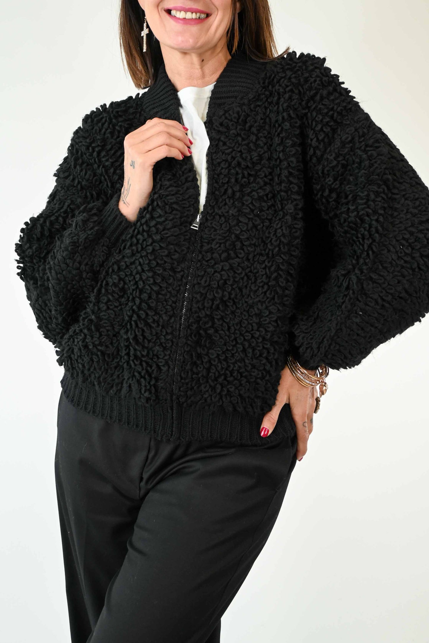 BOMBER OVER IN LANA BOUCLE' COLOR NERO