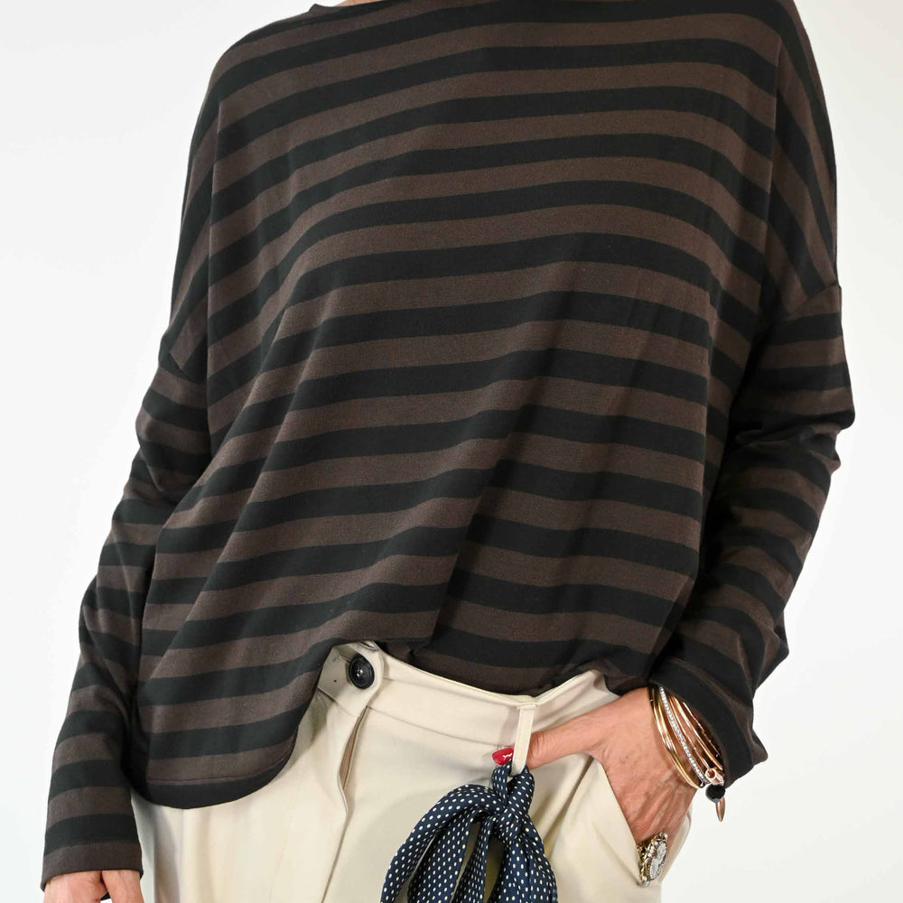 T-SHIRT OVER IN MODAL A RIGHE COLOR NERO/MORO