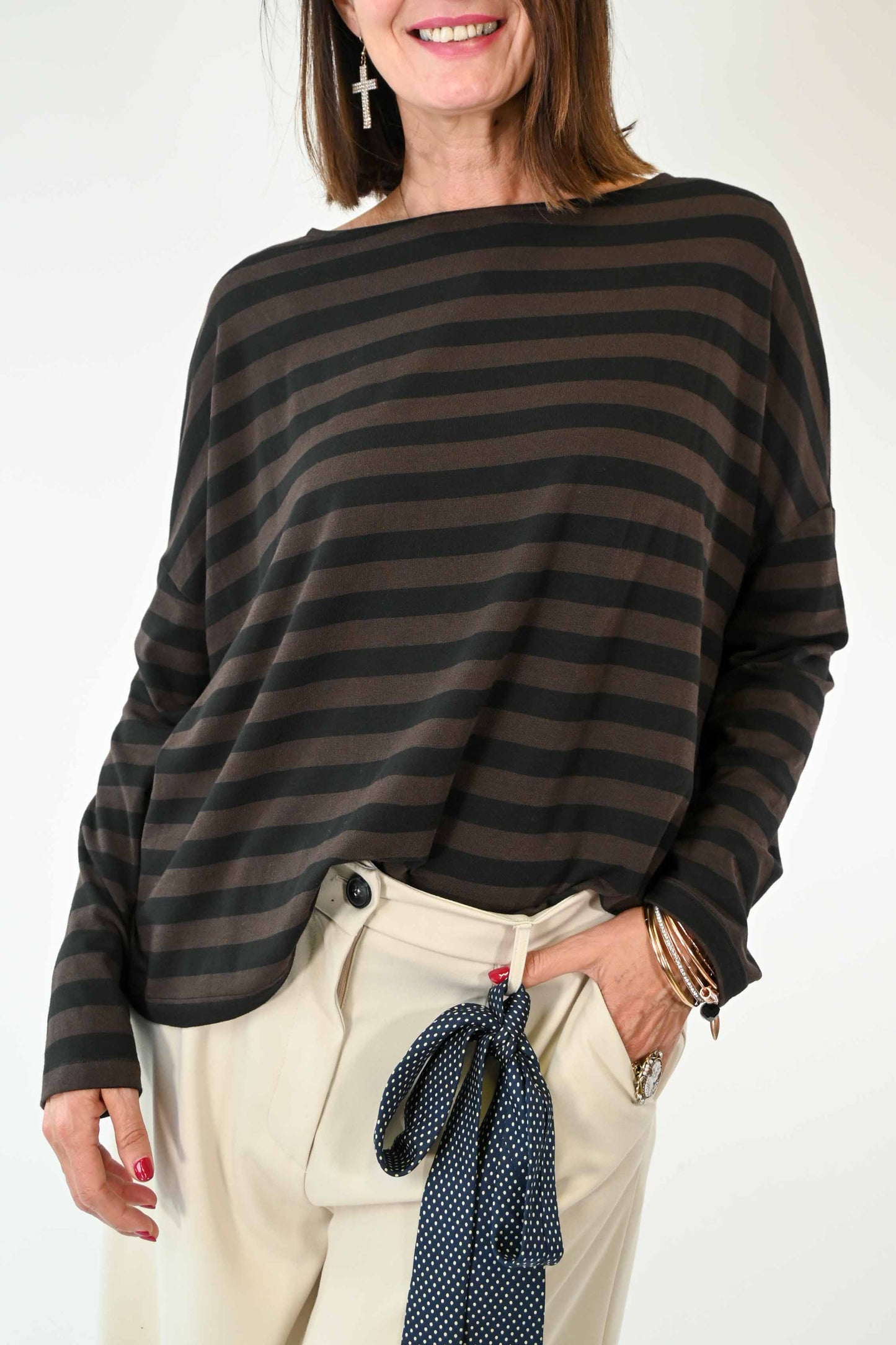 T-SHIRT OVER IN MODAL A RIGHE COLOR NERO/MORO