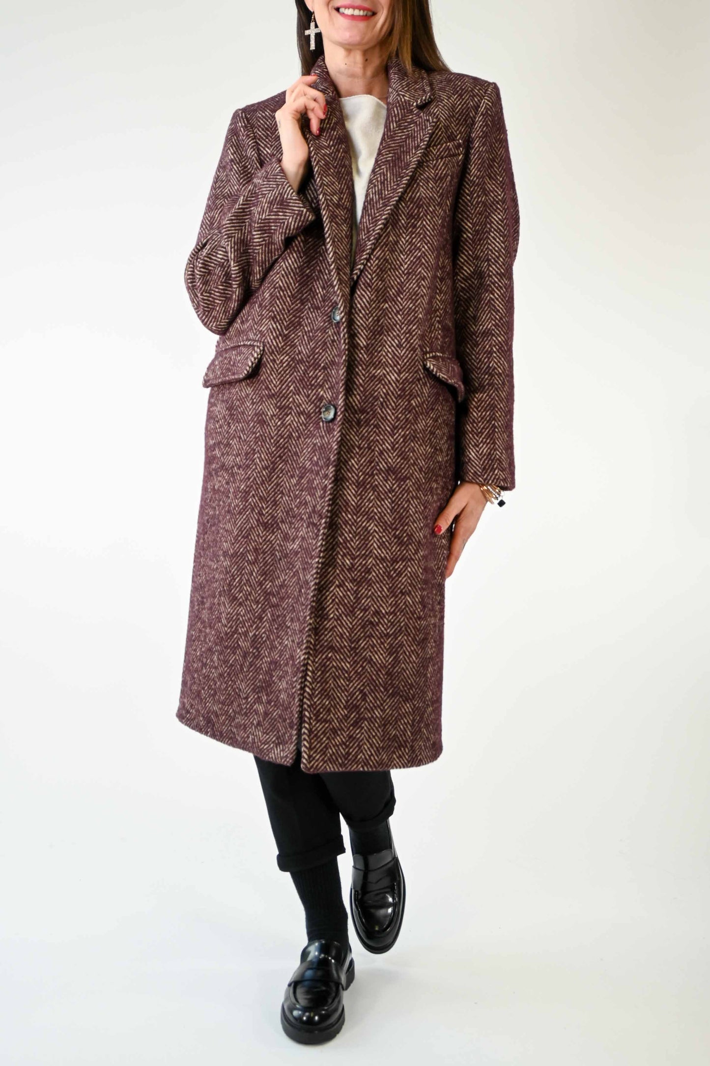 CAPPOTTO DUE BOTTONI OVER SPINATO COLOR BORDEAUX