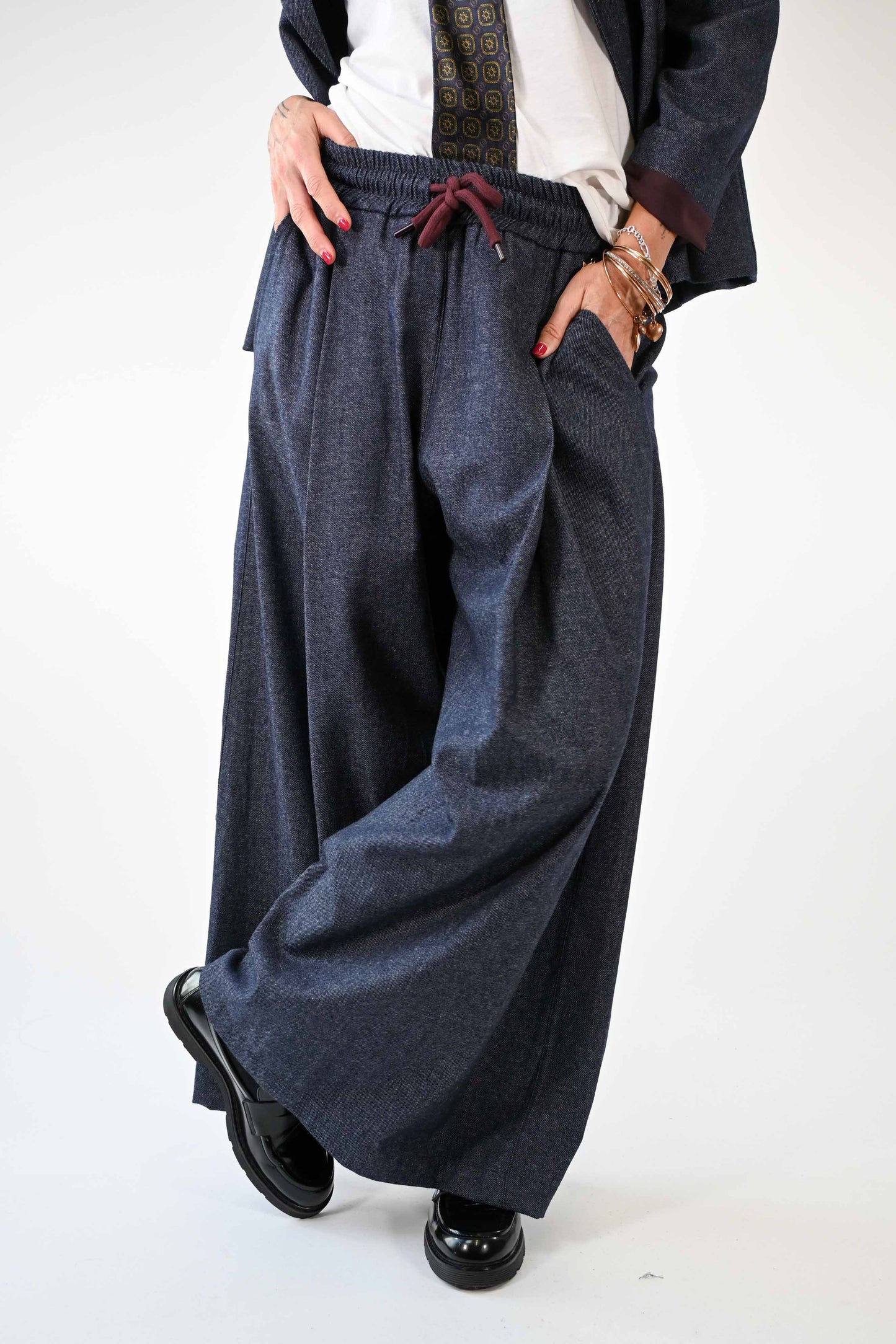 PANTALONE OVER CON COULISSE  MELANGE BLU