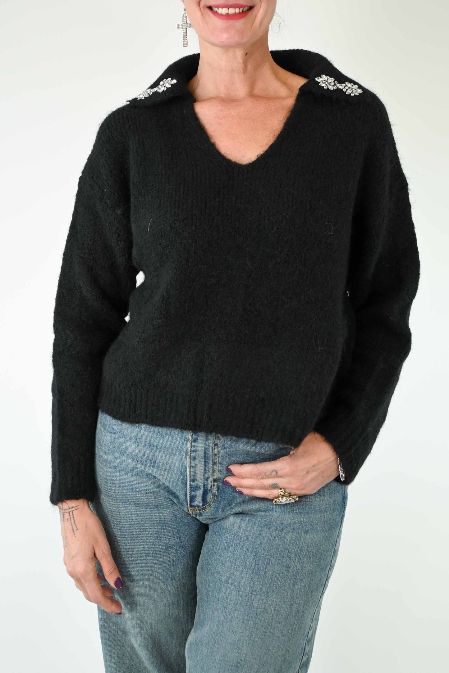 MAGLIA A POLO CON CABOCHON MOHAIR NERO