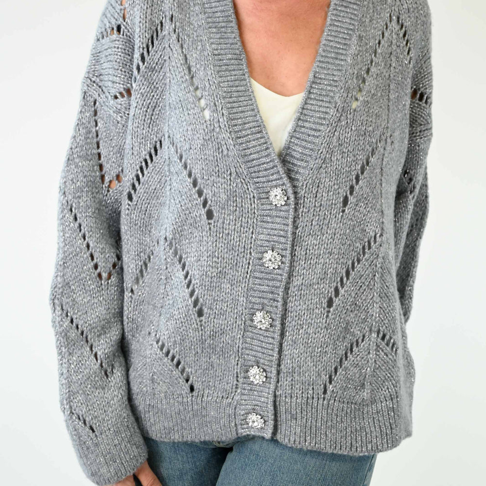 CARDIGAN TRAFORATO CON FILO LUREX GRIGIO