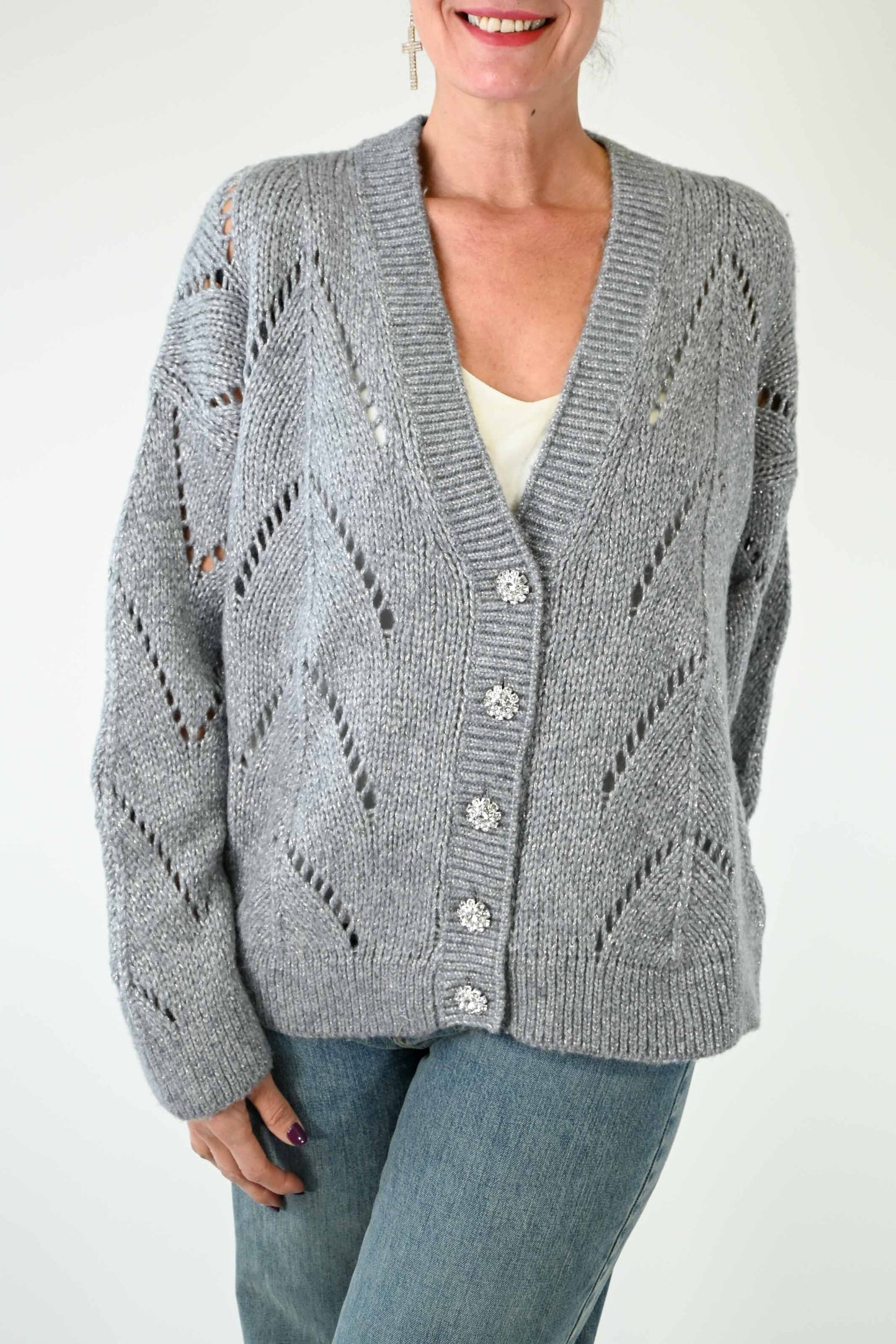 CARDIGAN TRAFORATO CON FILO LUREX GRIGIO