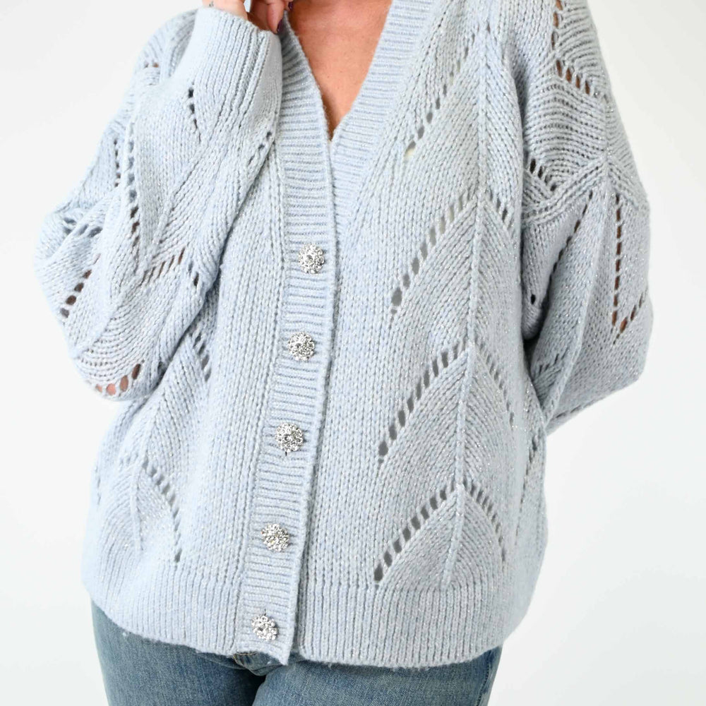 CARDIGAN TRAFORATO CON FILO LUREX CELESTE