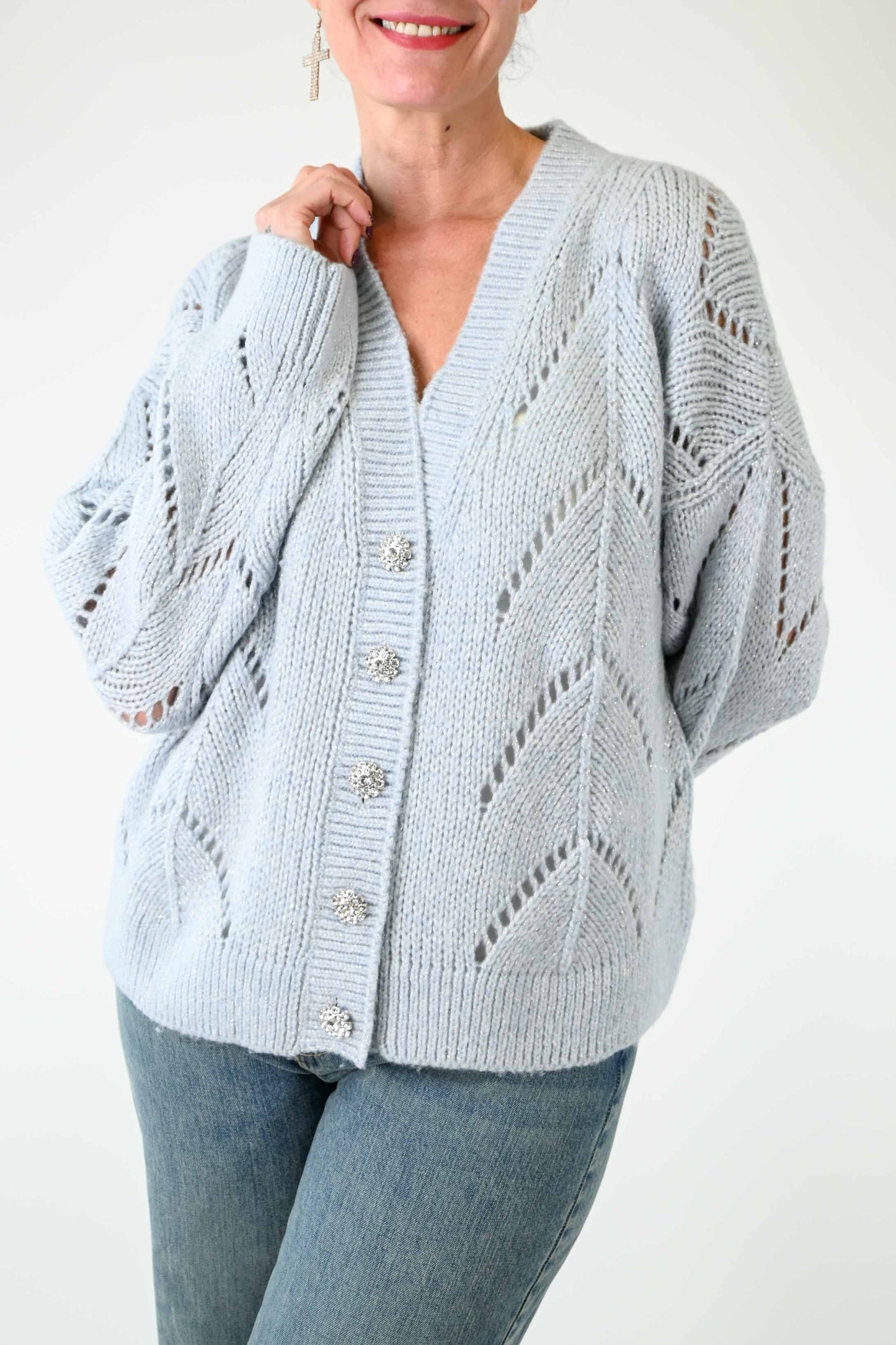 CARDIGAN TRAFORATO CON FILO LUREX CELESTE