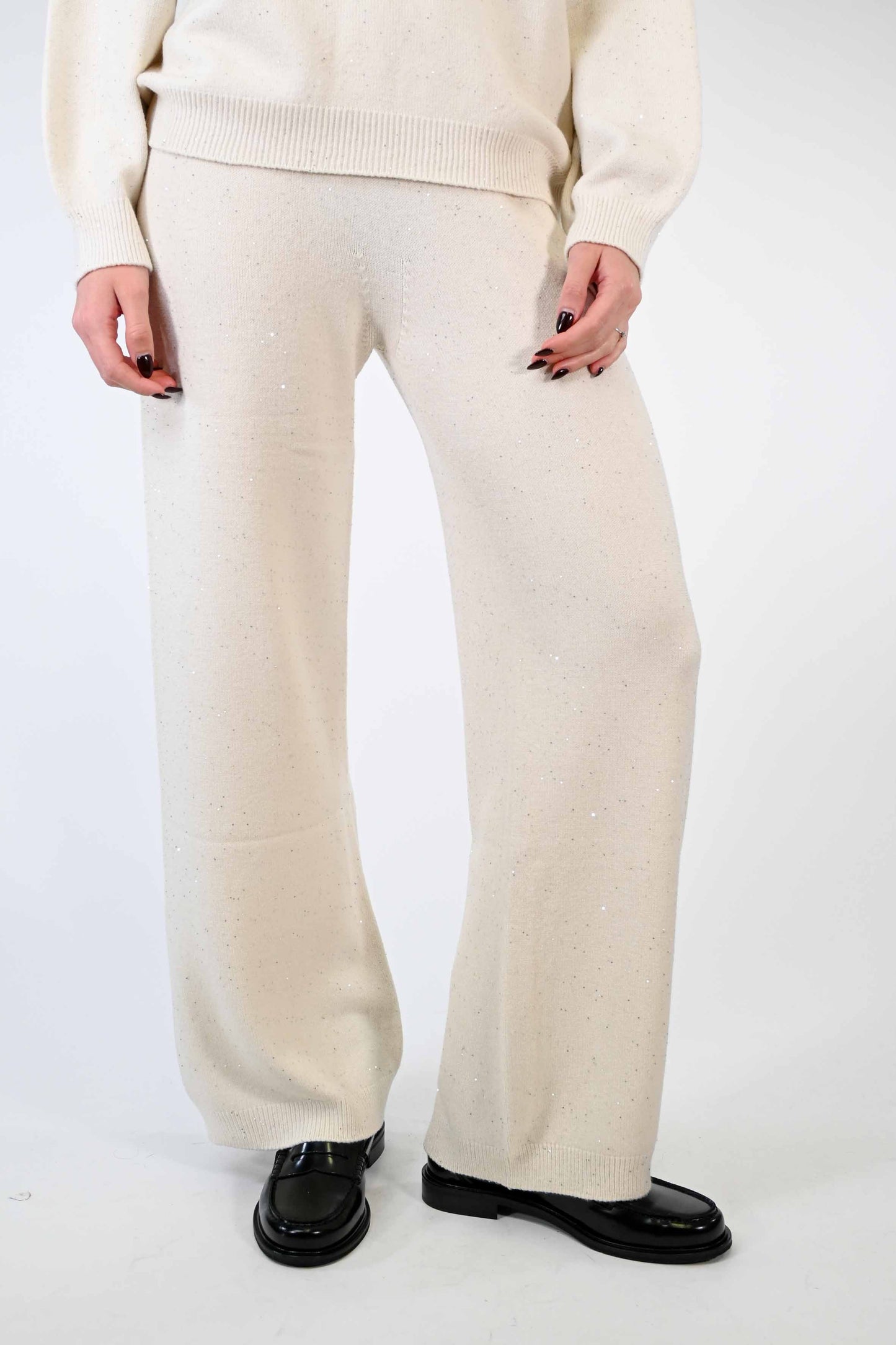 PANTALONE PALAZZO CON MICRO PAILLETTES PANNA – Bros'