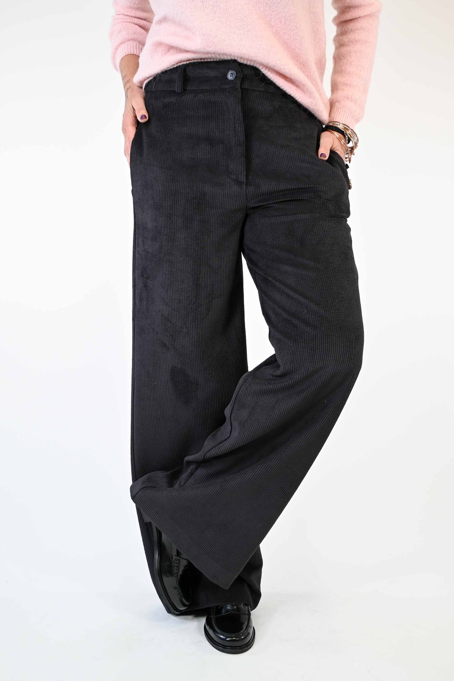 PANTALONE PALAZZO EASY IN VELLUTO A COSTE NERO