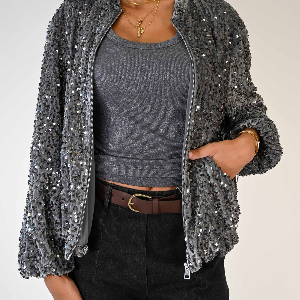 BOMBER CON PAILLETTES IN CINIGLIA COLORE PIOMBO