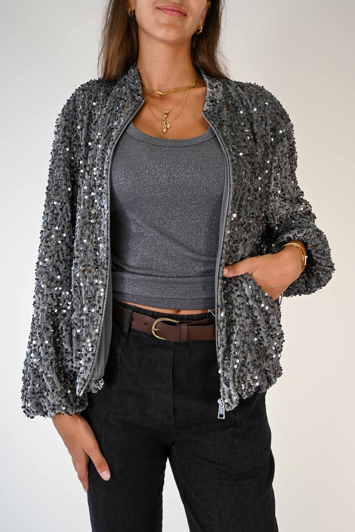 BOMBER CON PAILLETTES IN CINIGLIA COLORE PIOMBO