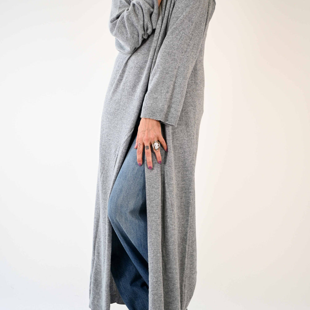 CARDIGAN LUNGO COLLO SCIALLE MISTO CACHEMIRE GRIGIO