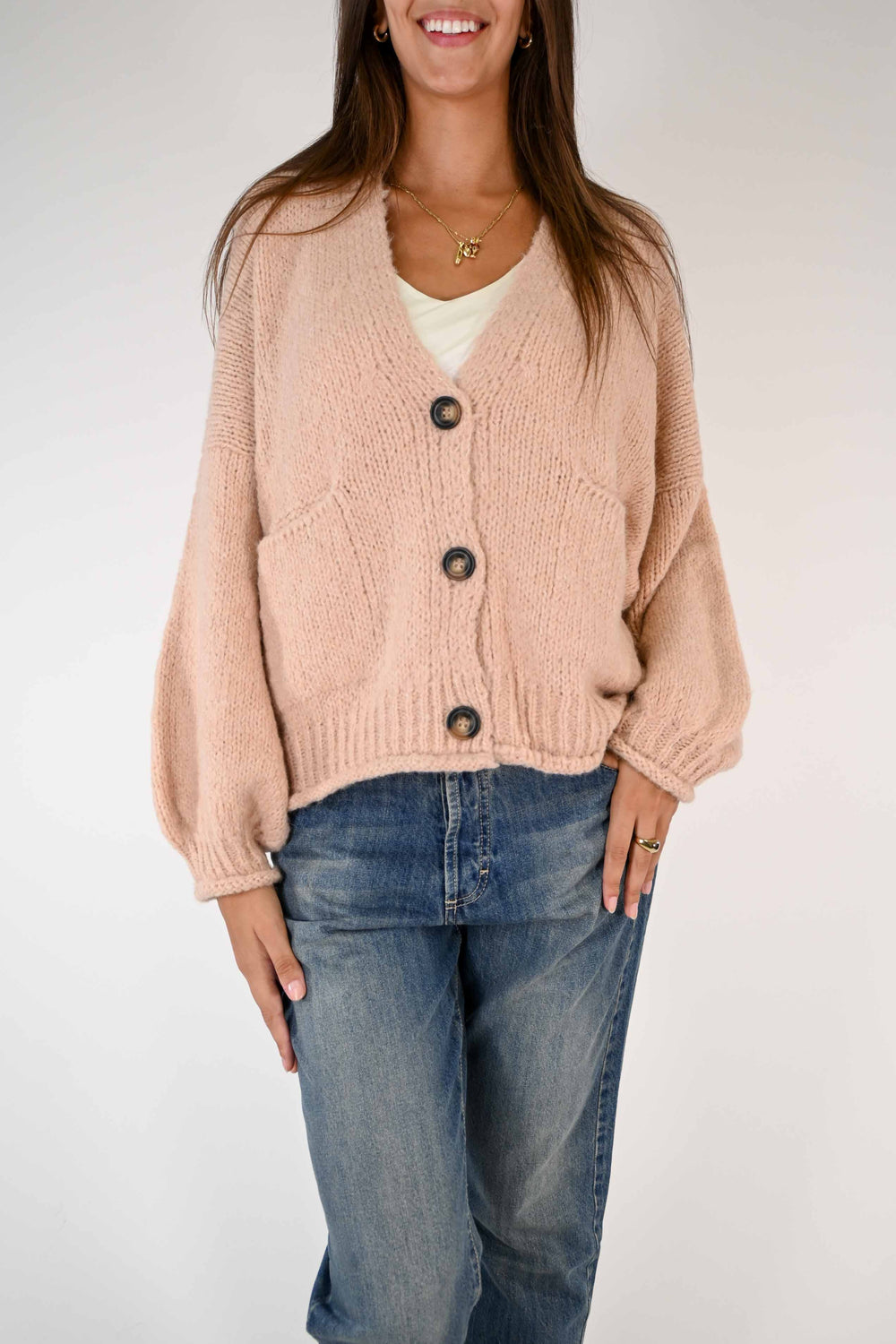 CARDIGAN OVER CON MANICA A PALLONCINO COLOR ROSA