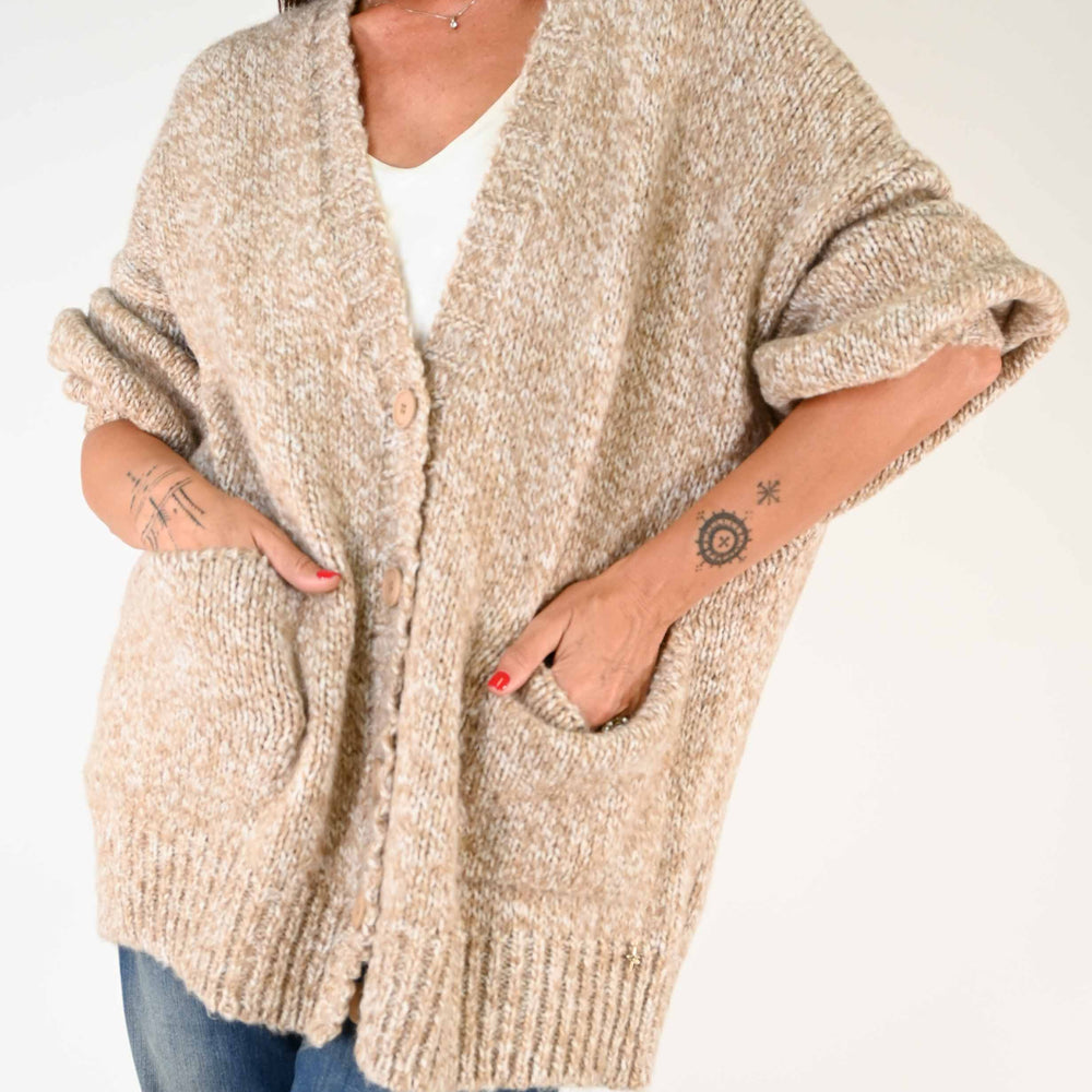 MAXI CARDIGAN 5 BOTTONI MELANGE CAMMELLO/PANNA