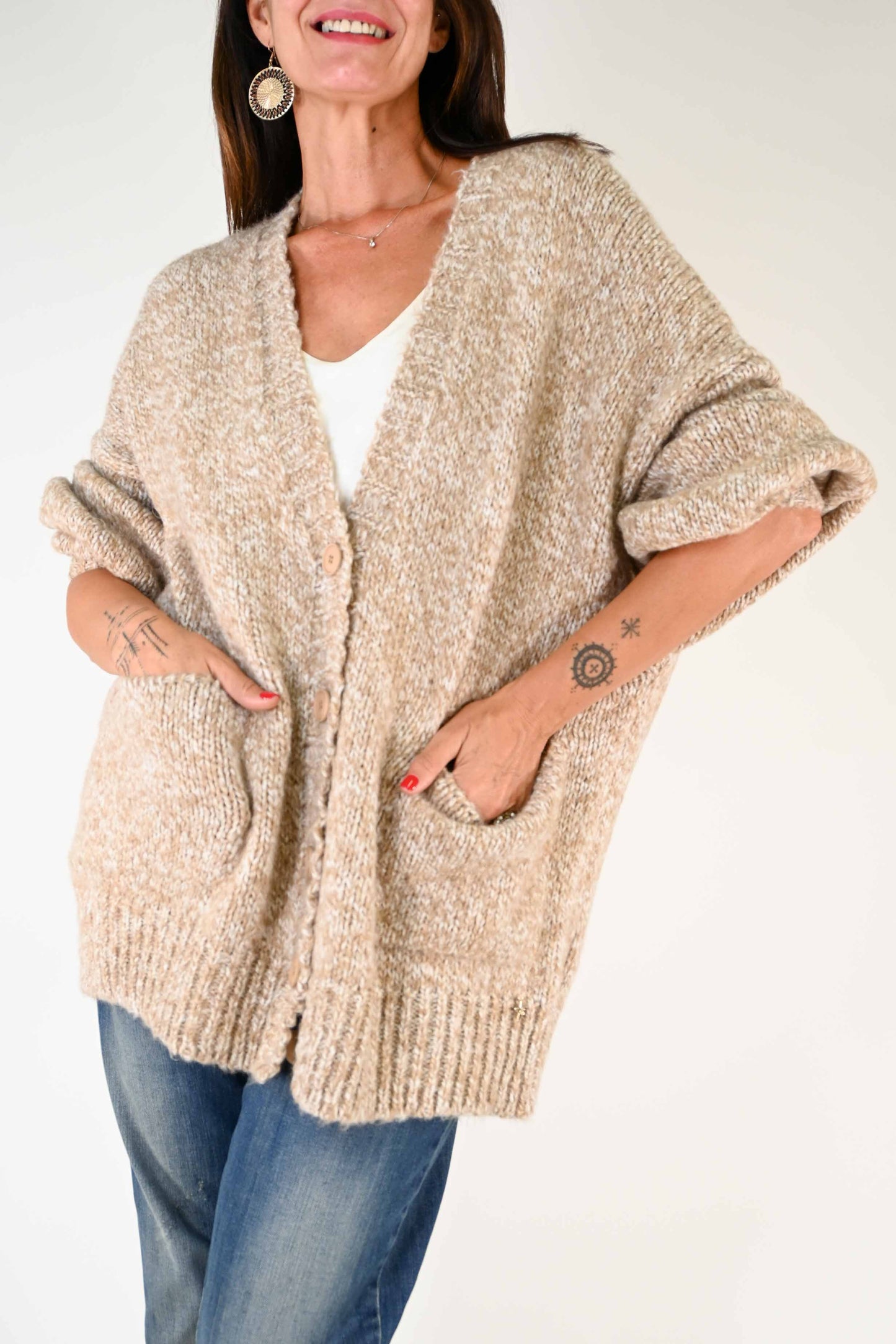 MAXI CARDIGAN 5 BOTTONI MELANGE CAMMELLO/PANNA