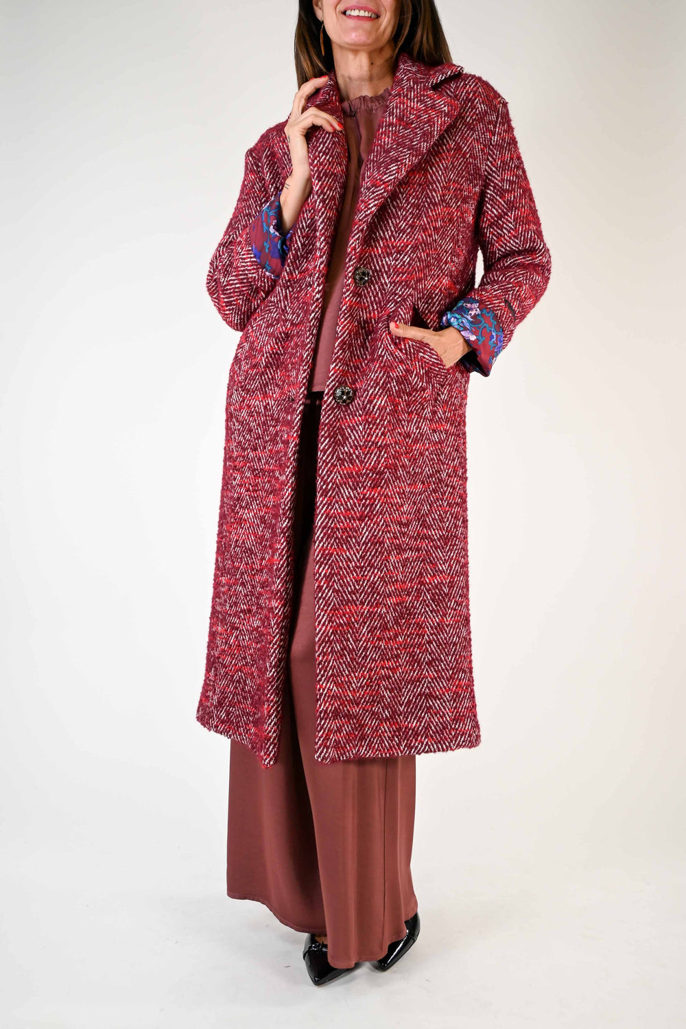 CAPPOTTO LUNGO BOTTONI GIOIELLO SPINATO BORDEAUX