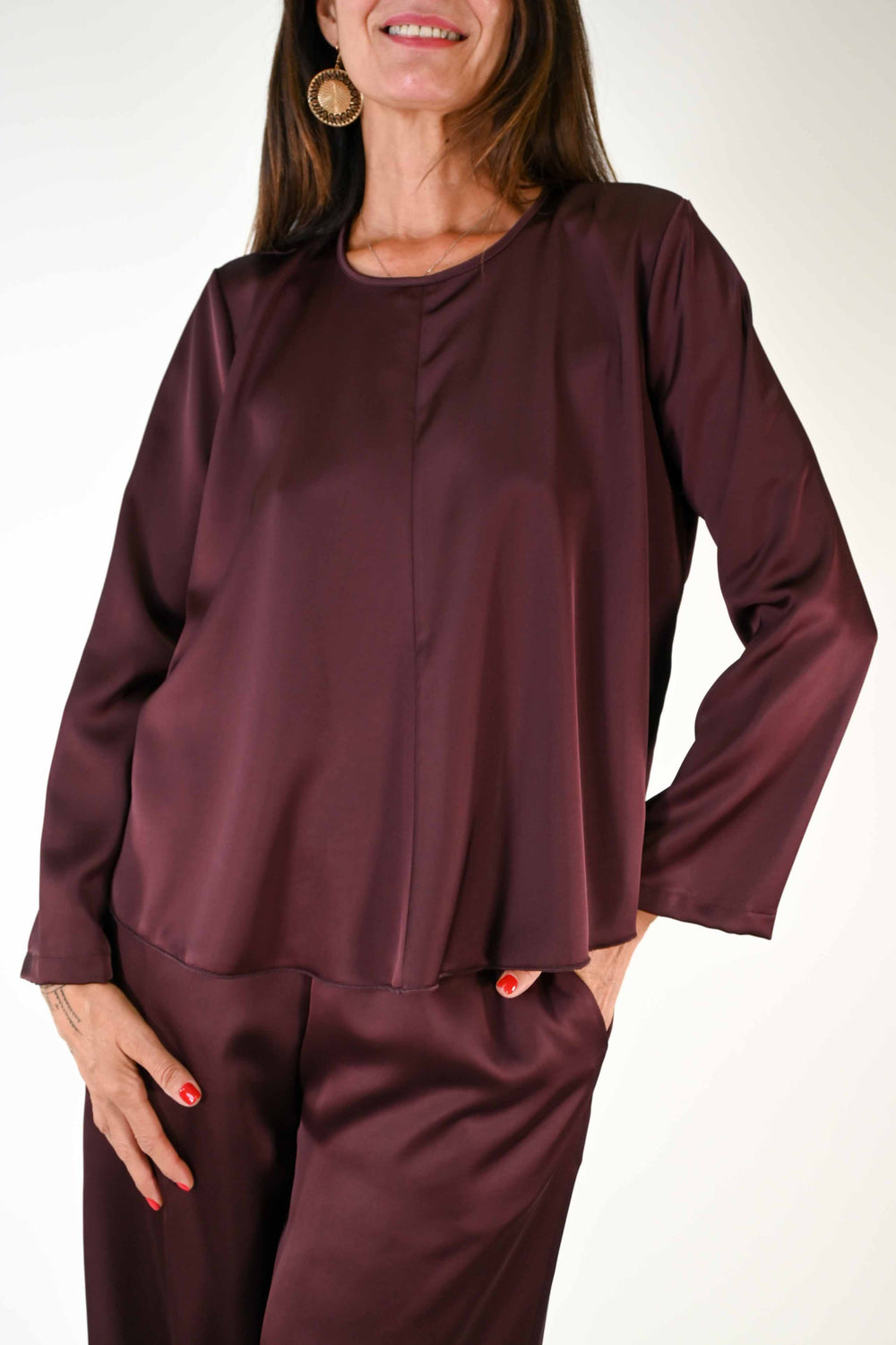 BLUSA A SCATOLA MANICA LUNGA IN RASO COLOR VINO