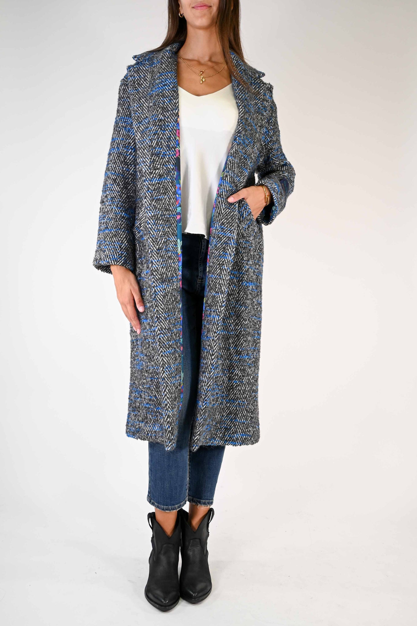 CAPPOTTO LUNGO BOTTONI GIOILELLO SPINATO GRIGIO/BLU