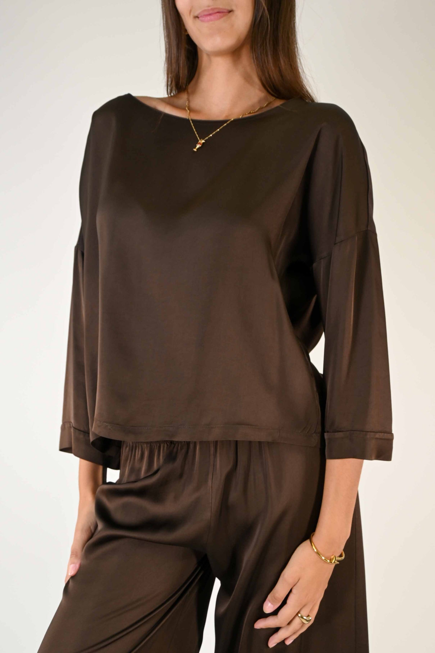 BLUSA A SCATOLA MANICA 3/4 IN VISCOSA COLOR MORO