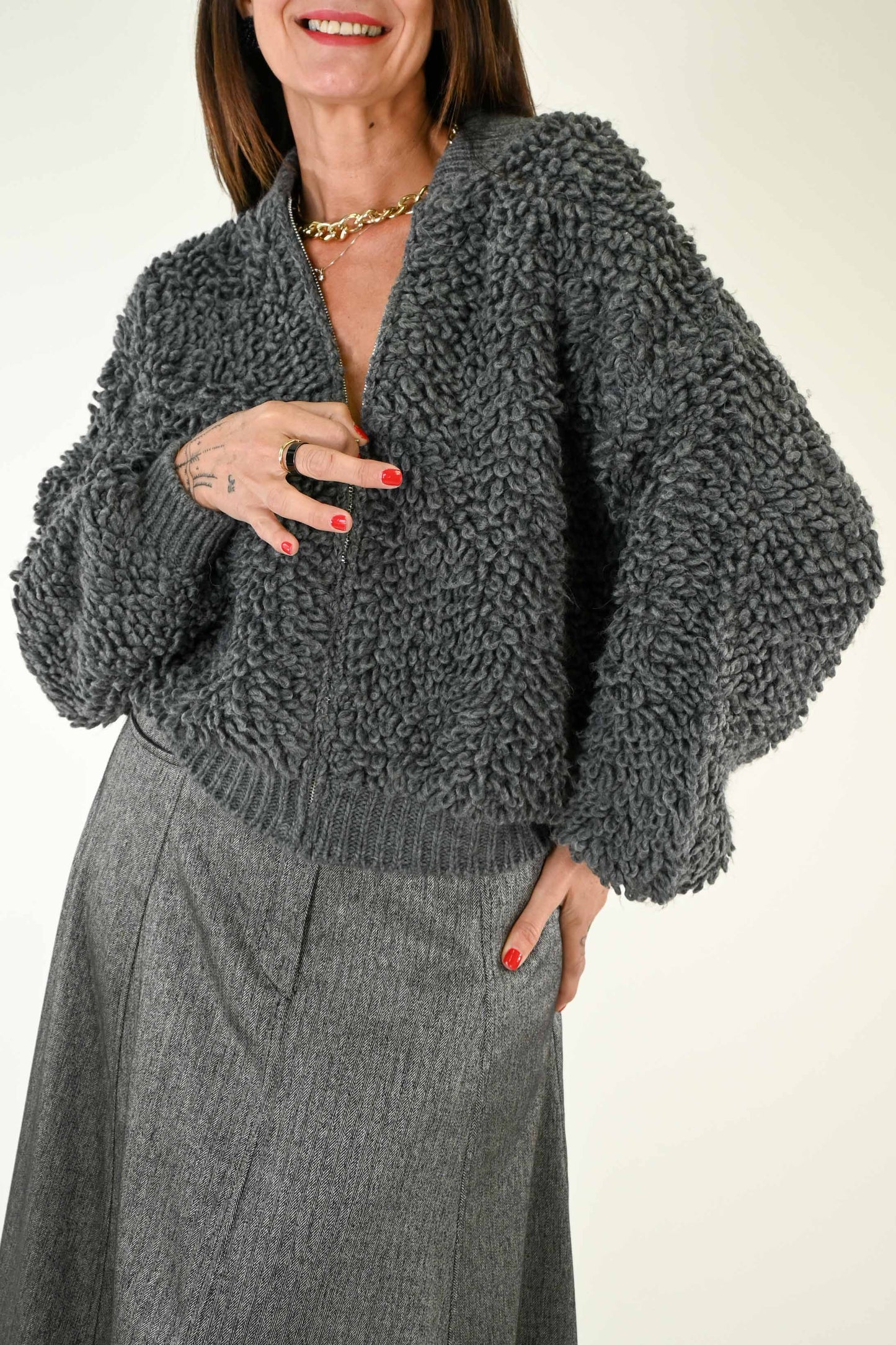 BOMBER OVER IN LANA BOUCLE' COLOR GRIGIO