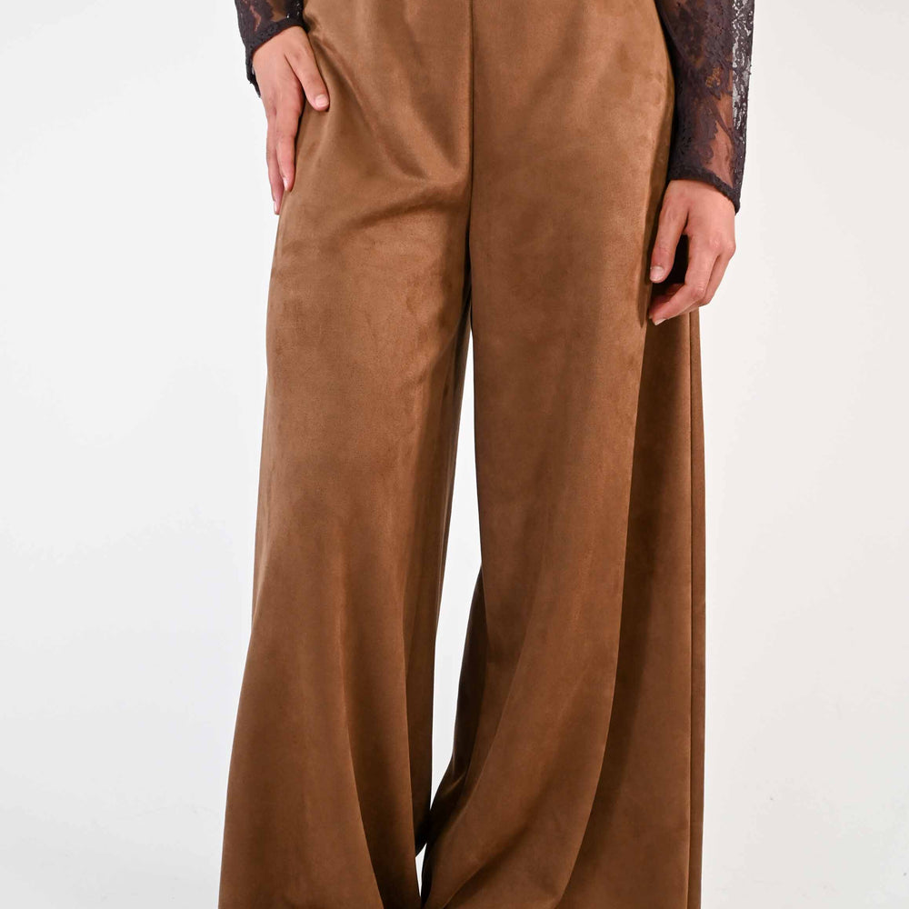 PANTALONE PALAZZO IN SUEDE TAGLIO VIVO TABACCO