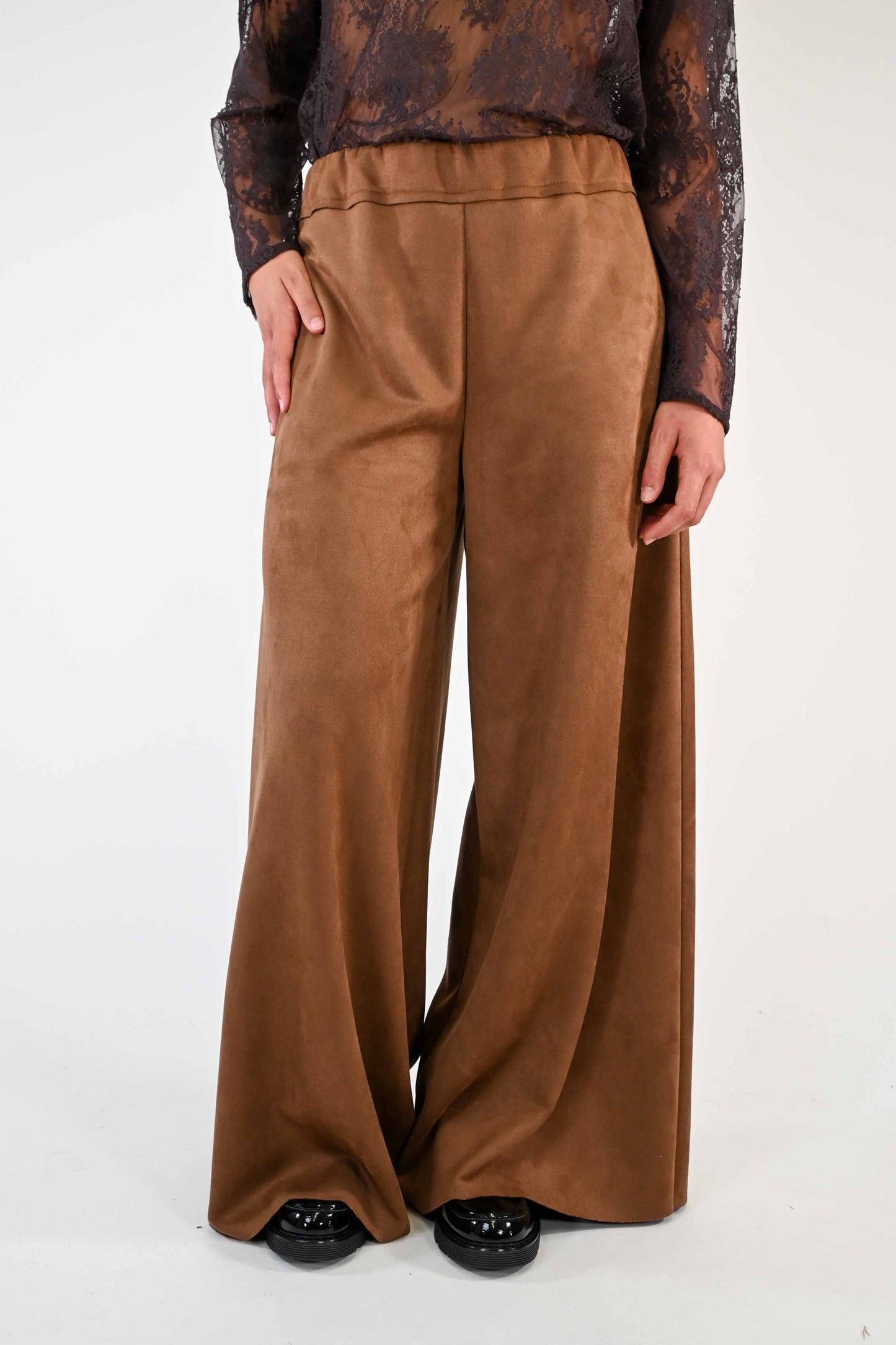 PANTALONE PALAZZO IN SUEDE TAGLIO VIVO TABACCO