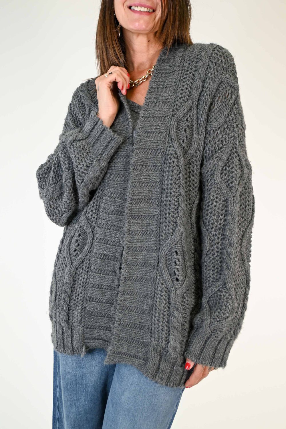 CARDIGAN NORVEGESE A TRECCE COLOR GRIGIO