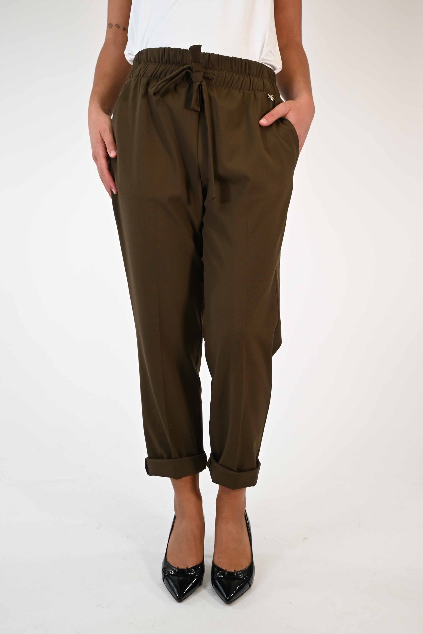 PANTALONI BAGGY CON ELASTICO E COULISSE OLIVA