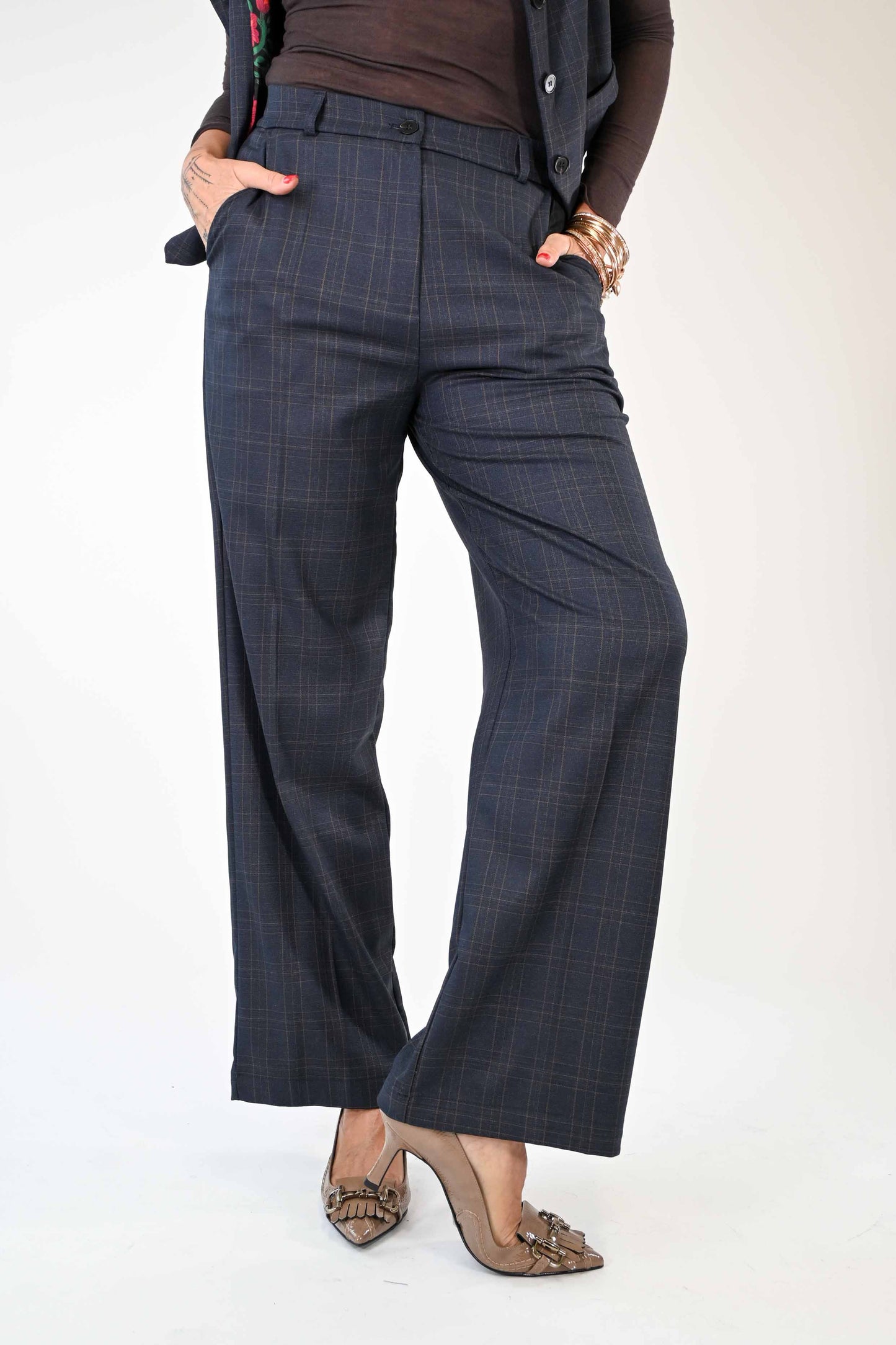 PANTALONE PALAZZO POLIVISCOSA FANTASIA CHECK BLU