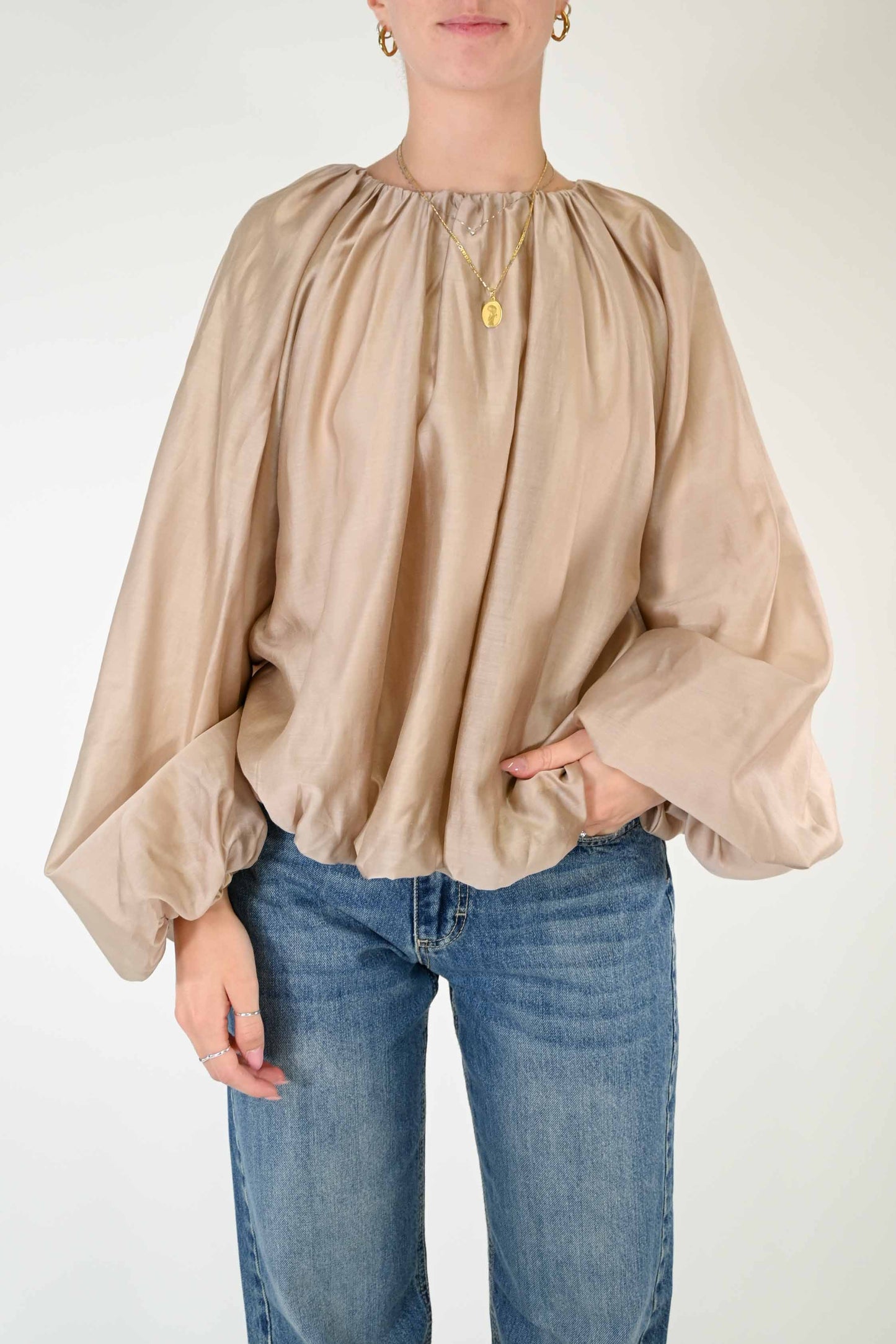 CAMICIA OVER IN TENCELL CON ARRICCIATURE BEIGE