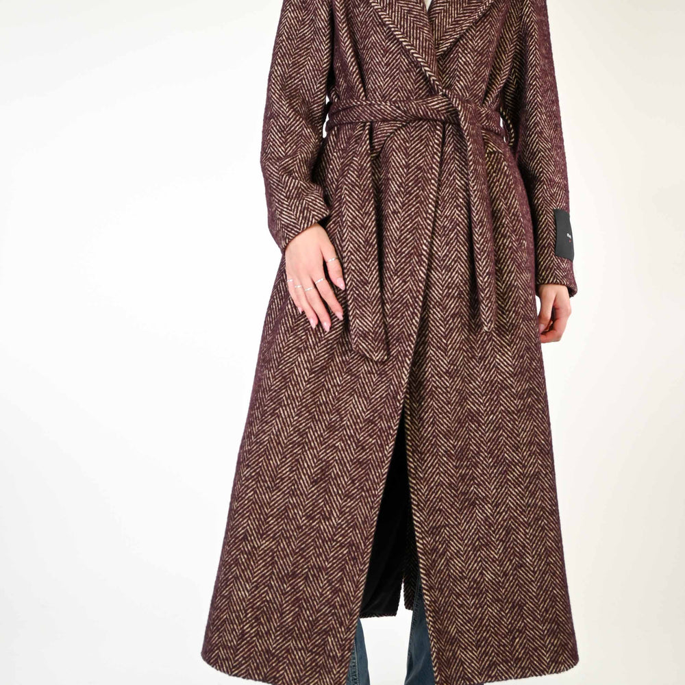 CAPPOTTO SPINATO CON CINTURA BEIGE/BORDEAUX