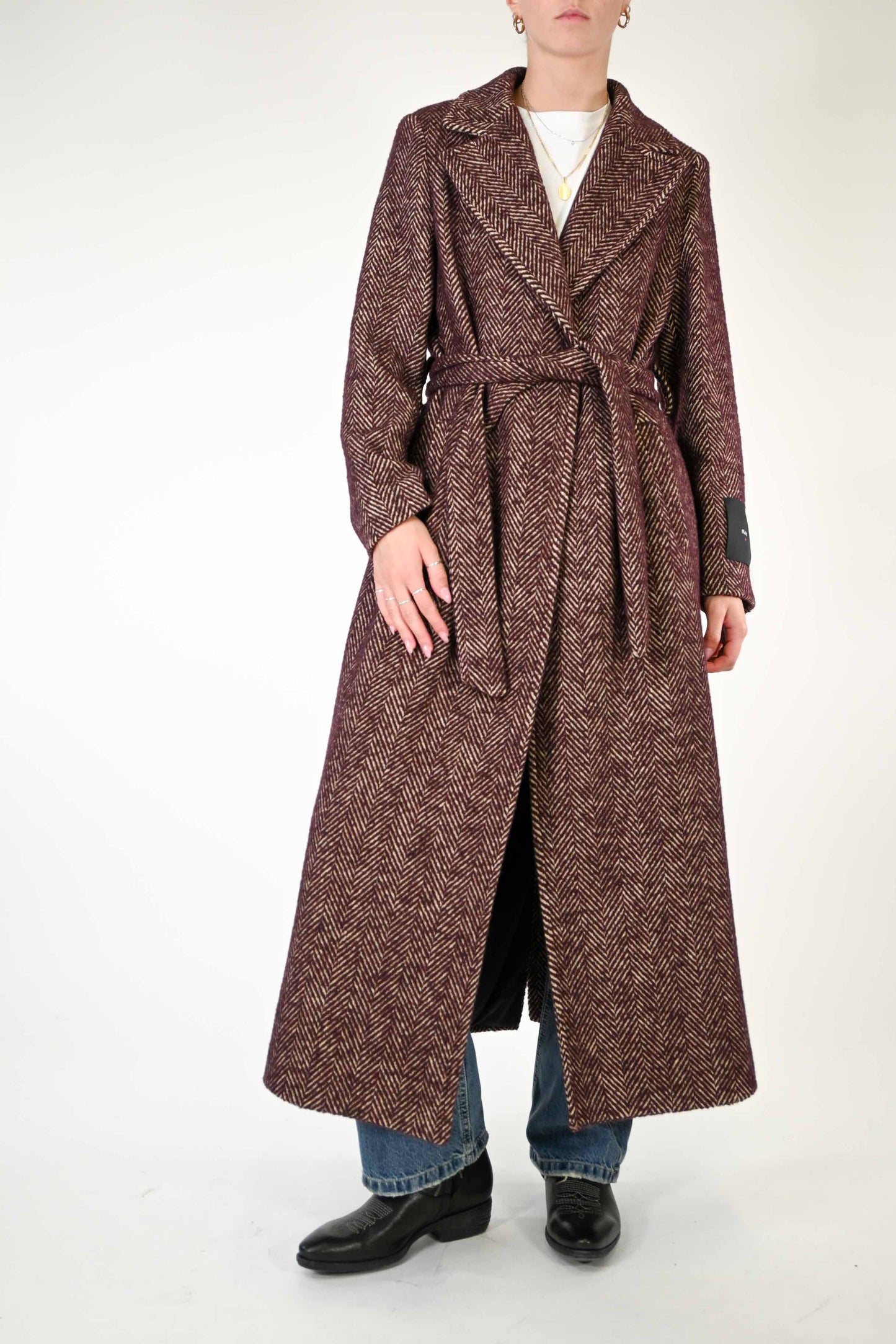 CAPPOTTO SPINATO CON CINTURA BEIGE/BORDEAUX