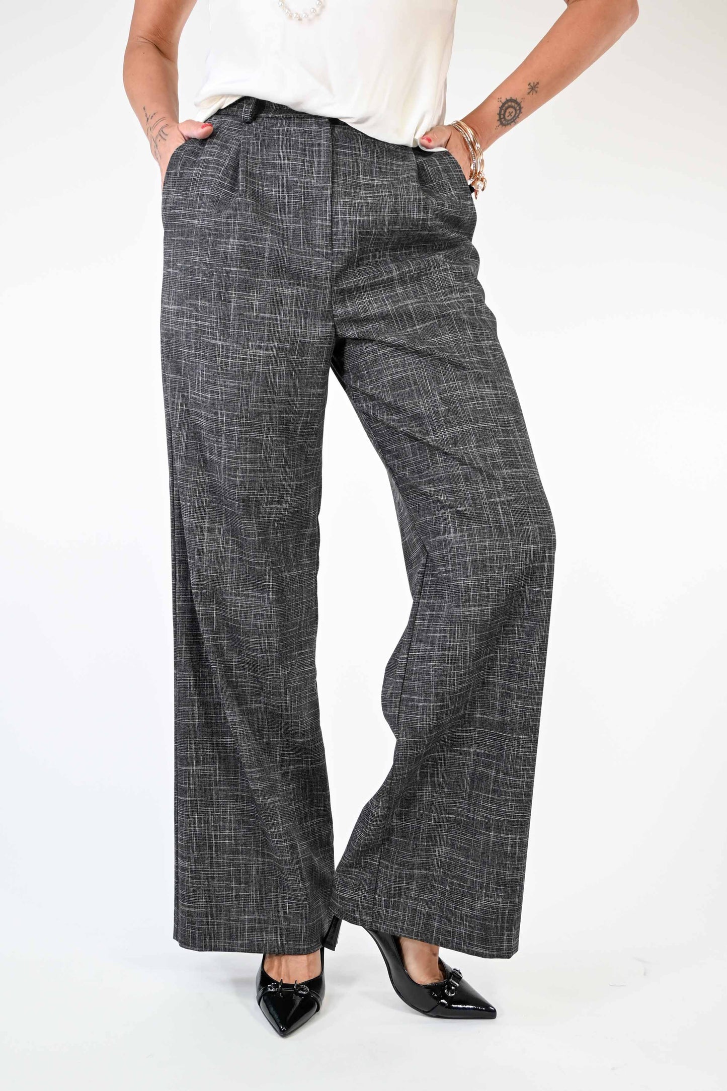 PANTALONE PALAZZO FANTASIA SCOZZESE COLOR GRIGIO